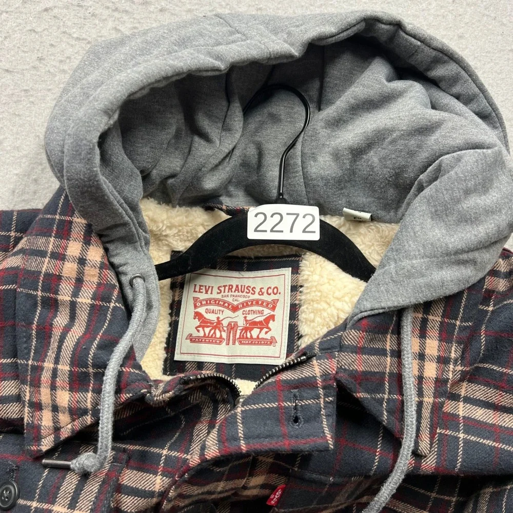 Levis Mens XL Plaid Flannel Sherpa Lined Hooded Shirt Jacket Navy Blue 2272